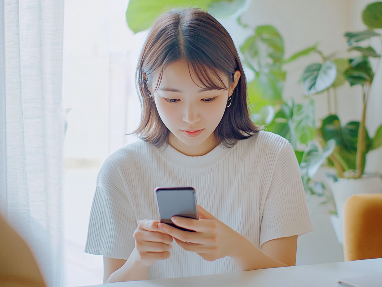 スマートフォンでABEMAプレミアムの登録・解約操作をする女性